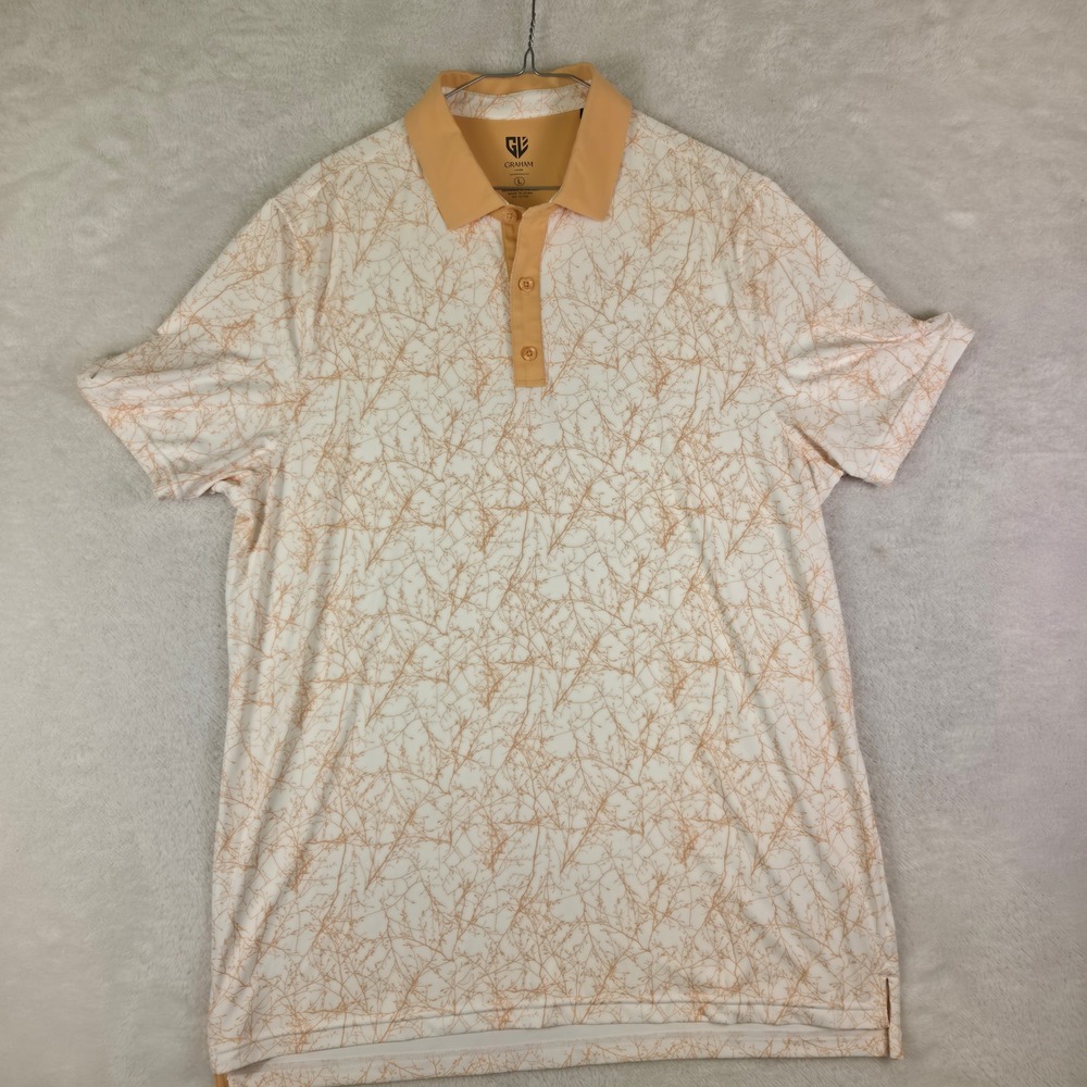 Graham Luxe Mens Large Polo Shirt Orange White Branch Pattern Performance Golf